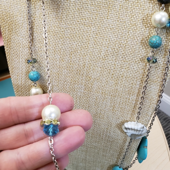 St Emerald, NWT, 2 turquoise, pearl beaded jeweled long silver fashion necklaces - Picture 13 of 16
